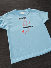 Load image into Gallery viewer, 3-4 'Never Fully Dressed' blue short sleeved tee