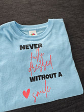 Load image into Gallery viewer, 3-4 'Never Fully Dressed' blue short sleeved tee