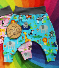 Load image into Gallery viewer, Jazzy Jungle Blue Harem Trousers