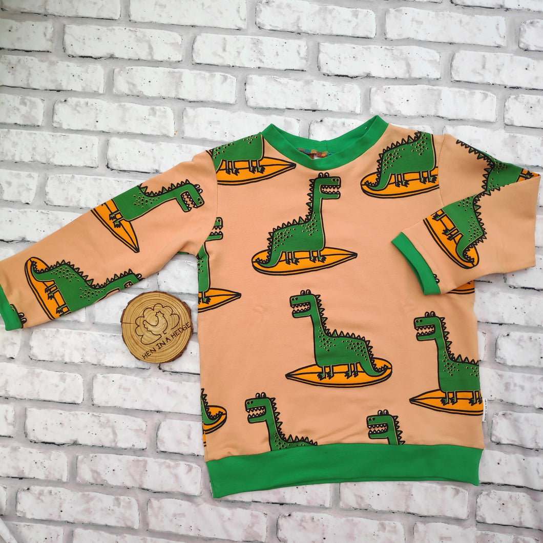 Long Sleeved French Terry Jumper - Surfing Dinosaurs